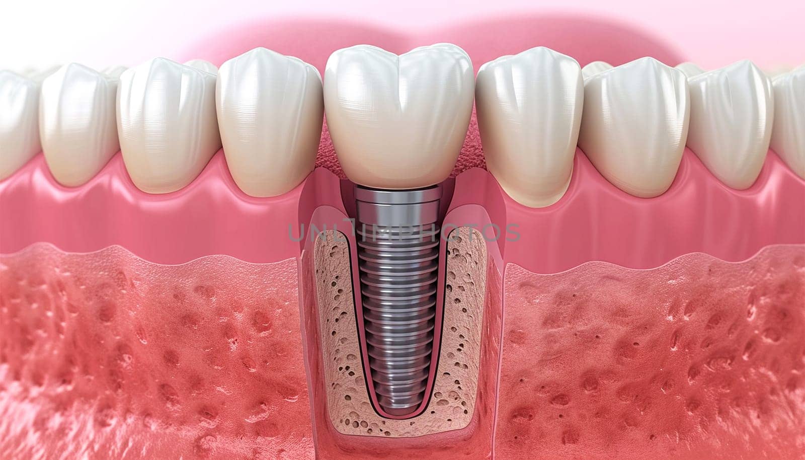 Closeup white tooth and gum with Dental implant , Human Teeth for Medical Concept, 3d illustration. Dental teeth implant healthy teeth and tooth human dentura by Annebel146