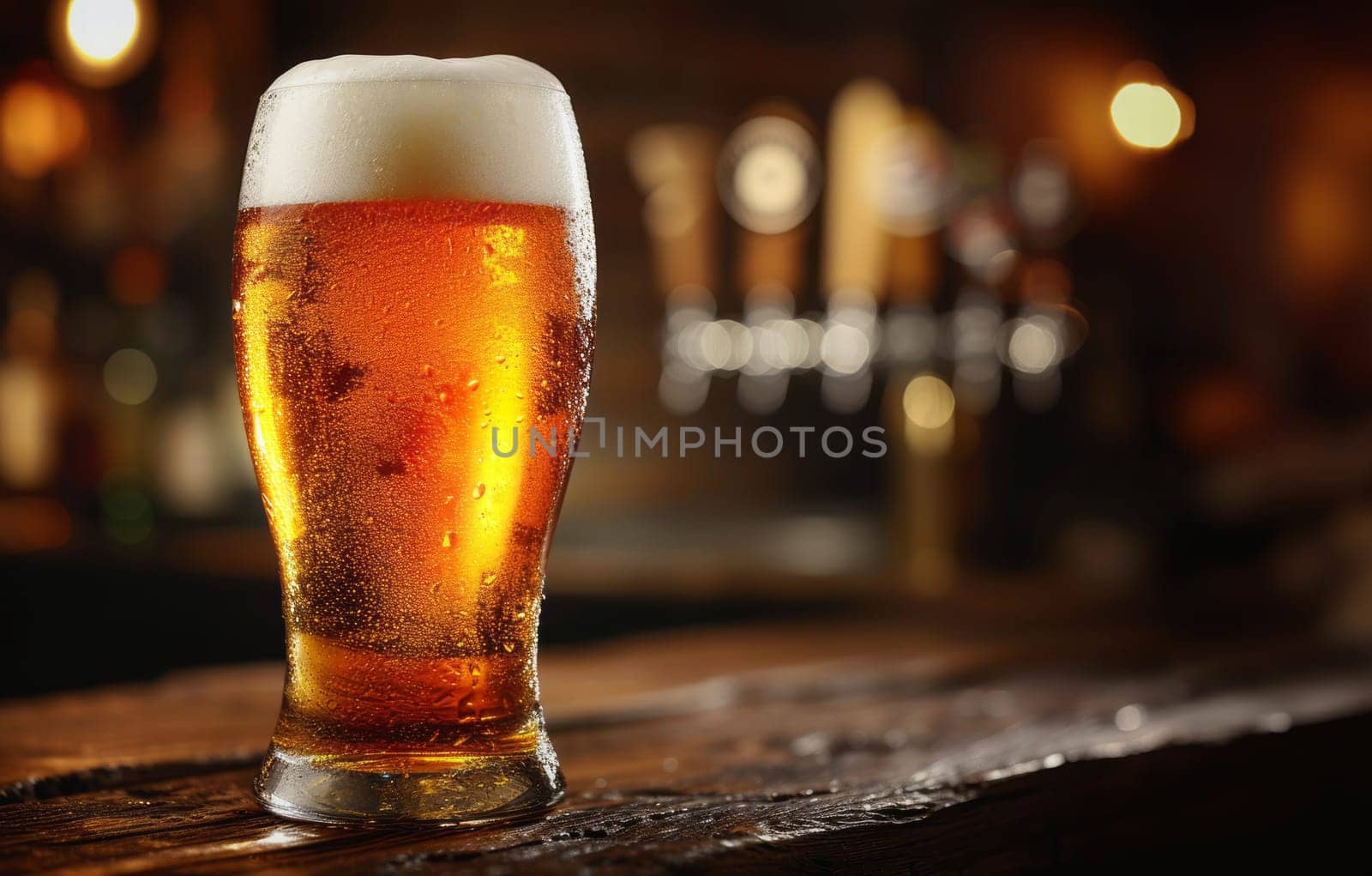 Glass of beer on wooden table. Blurred background with space for text, copyspace, banner.