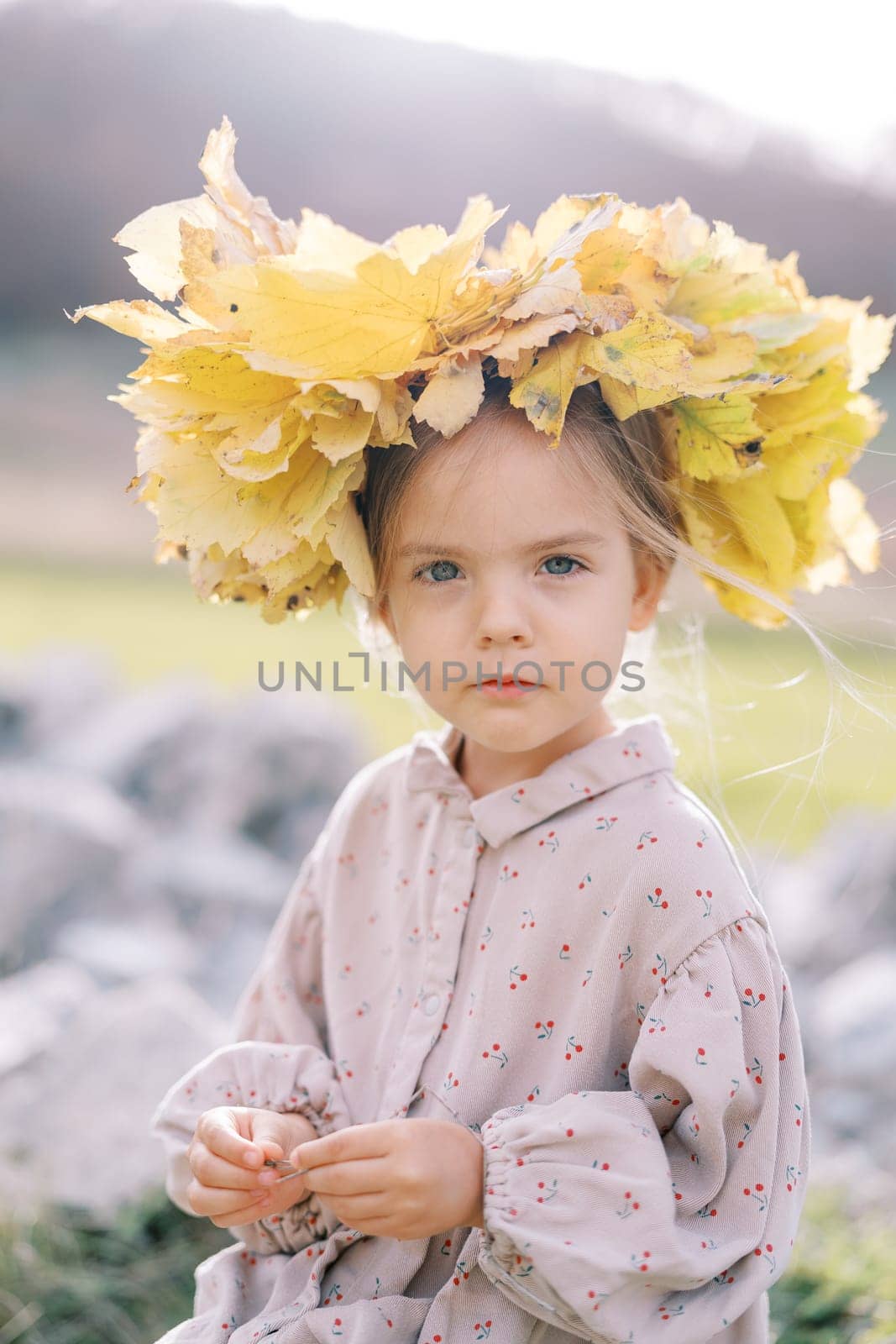 Little serious girl in a wreath of autumn leaves sits on a stone on the lawn. High quality photo