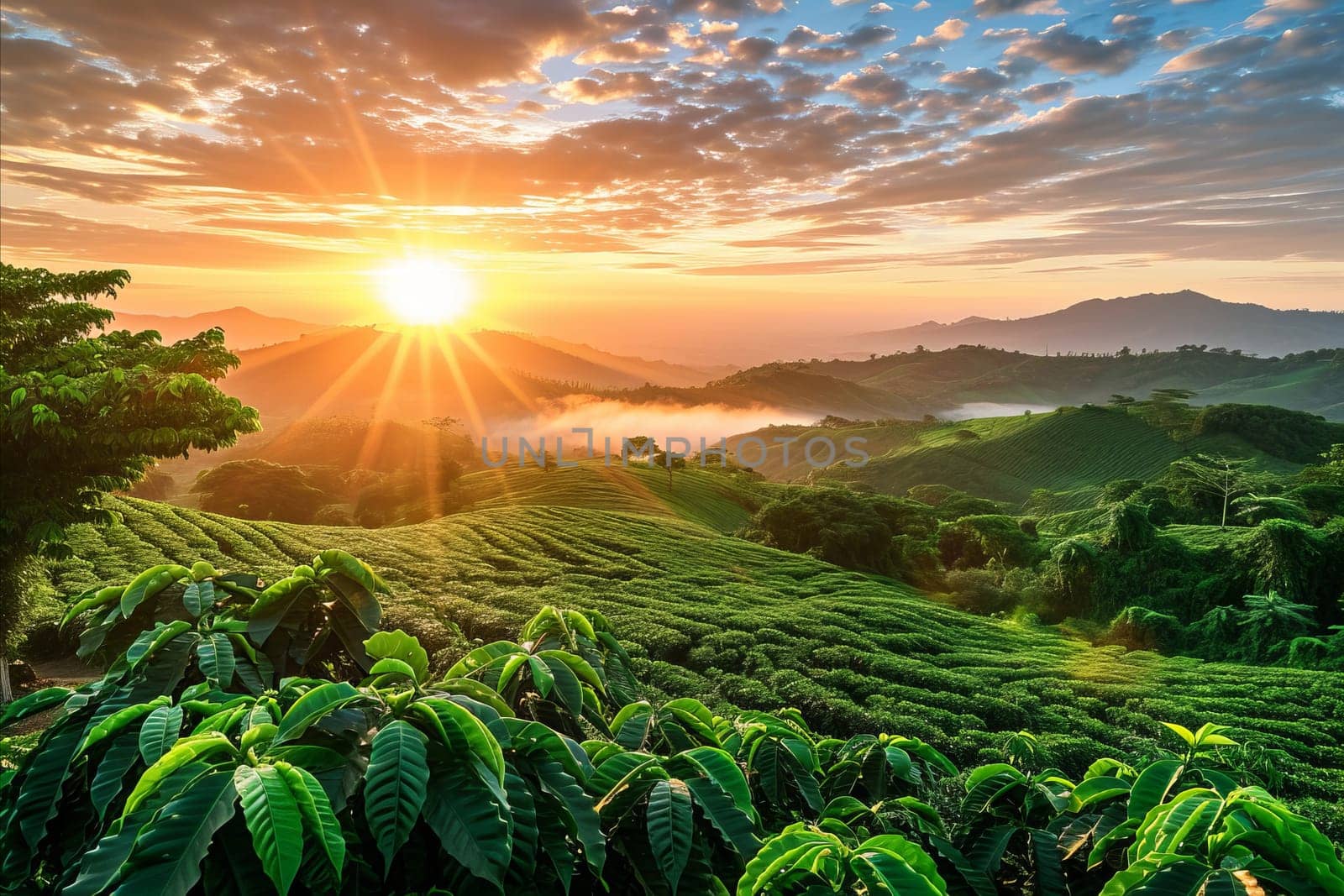 Coffee plantation fields at beautiful sunrise in morning