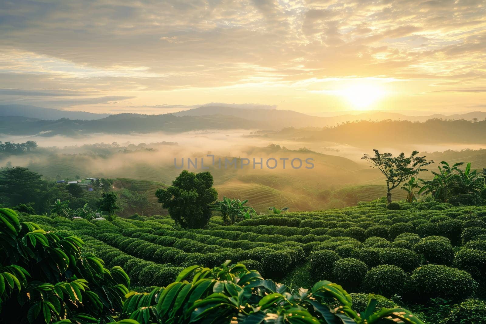 Coffee plantation fields at beautiful sunrise in morning