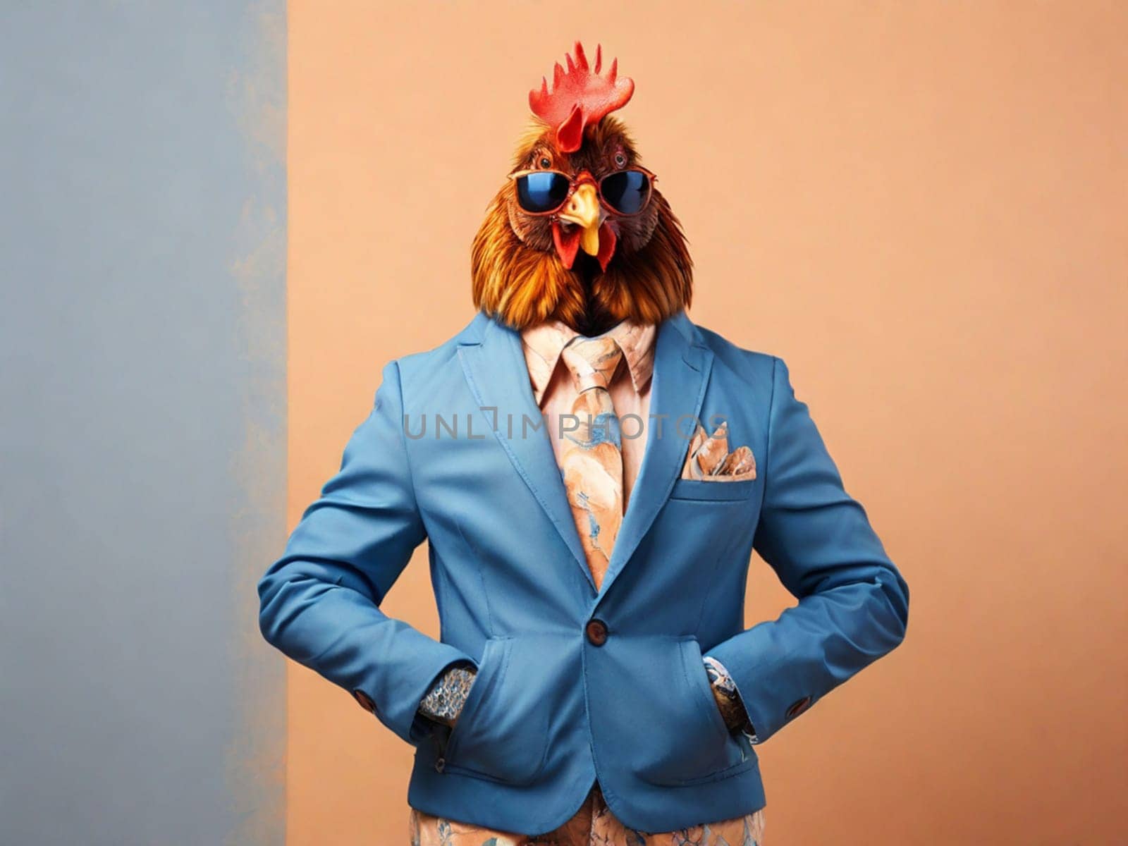 Business rooster, hen, in a blue business jacket, sunglasses by Ekaterina34