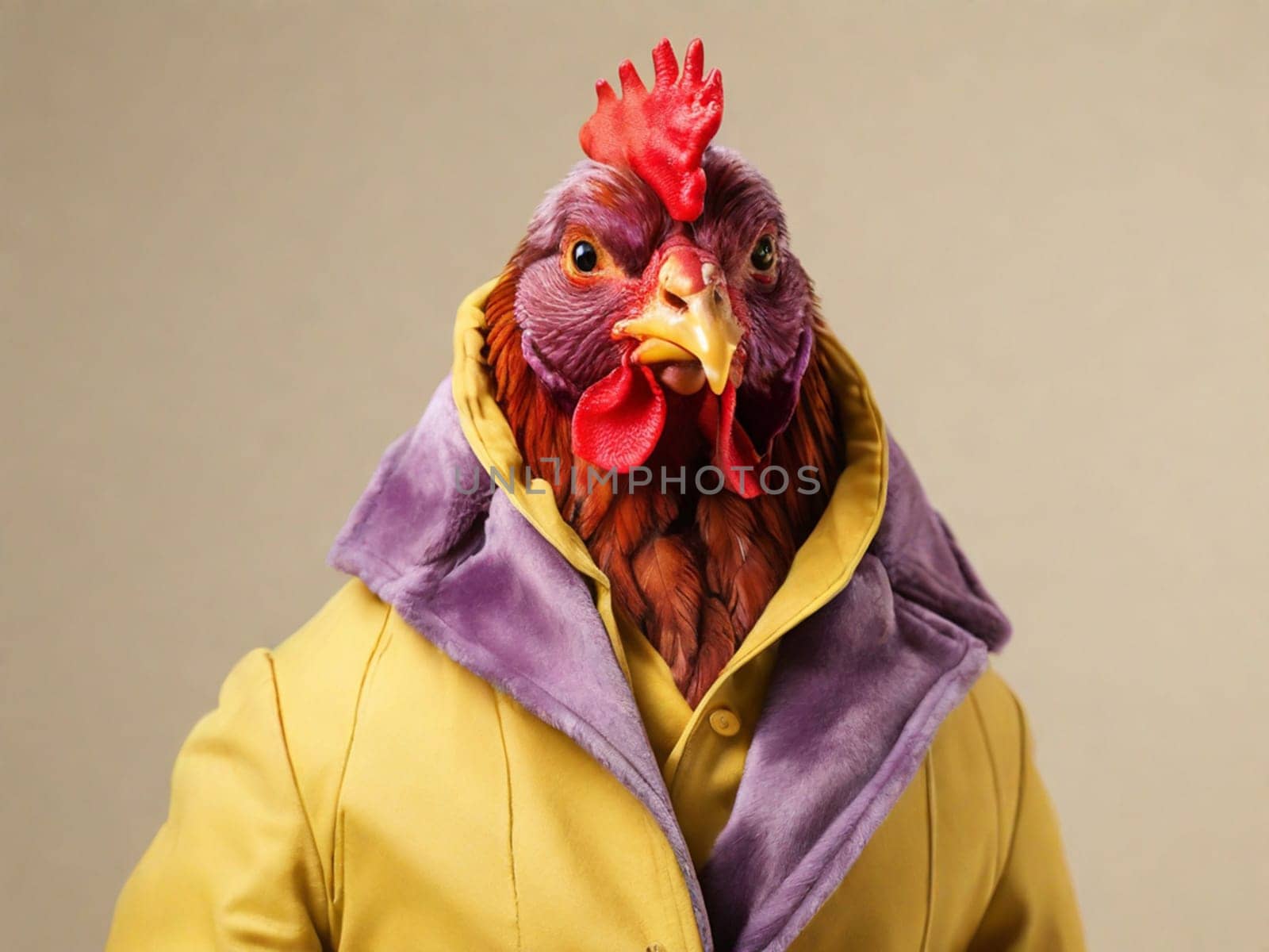 Fashionable rooster, hen in a yellow-violet jacket on a purple background by Ekaterina34