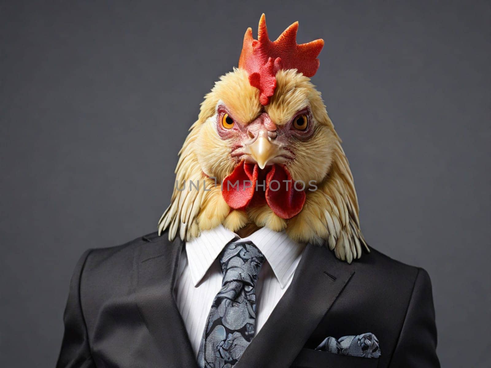 Business rooster boss in a business suit with a tie on a dark background by Ekaterina34