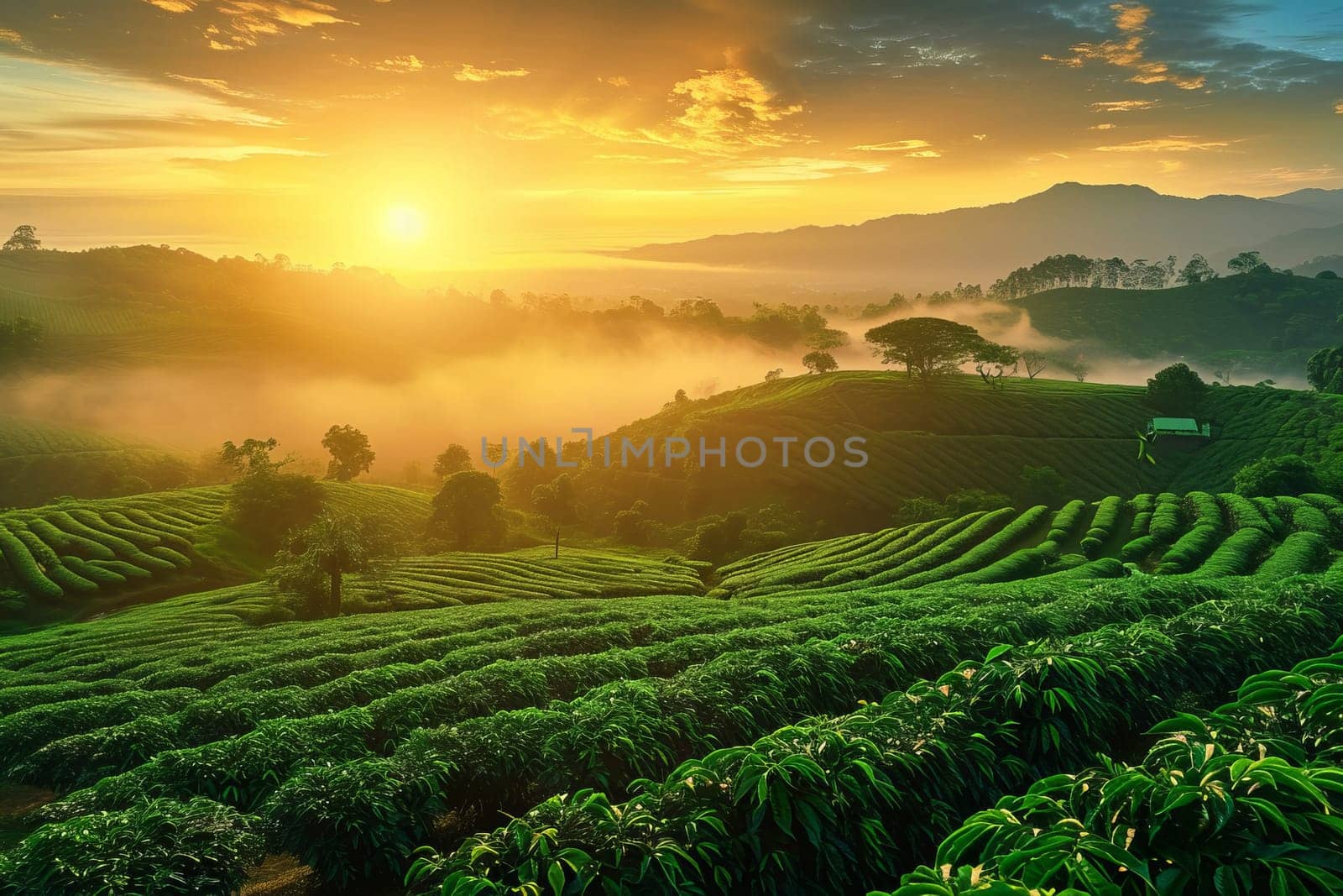 Coffee plantation fields at beautiful sunrise in morning