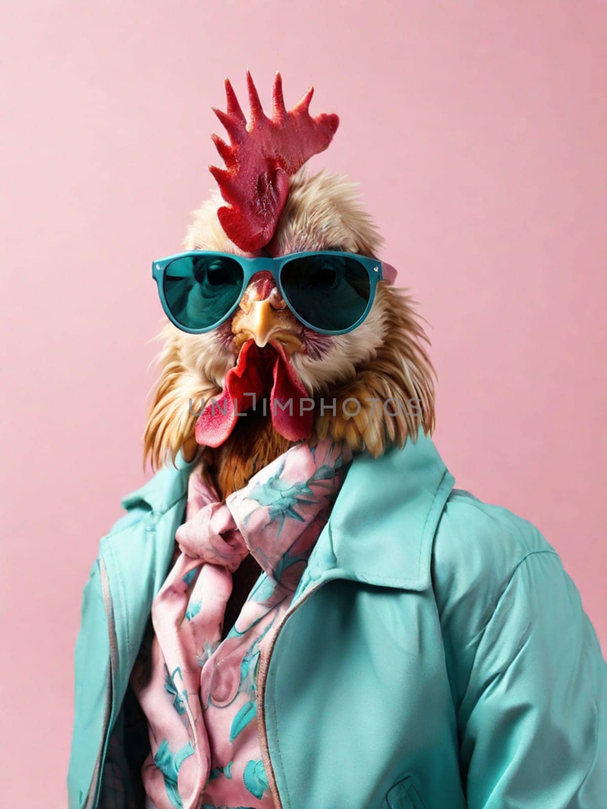 Fashionable rooster in sunglasses wearing a pink shirt and turquoise leather jacket on a pink background.