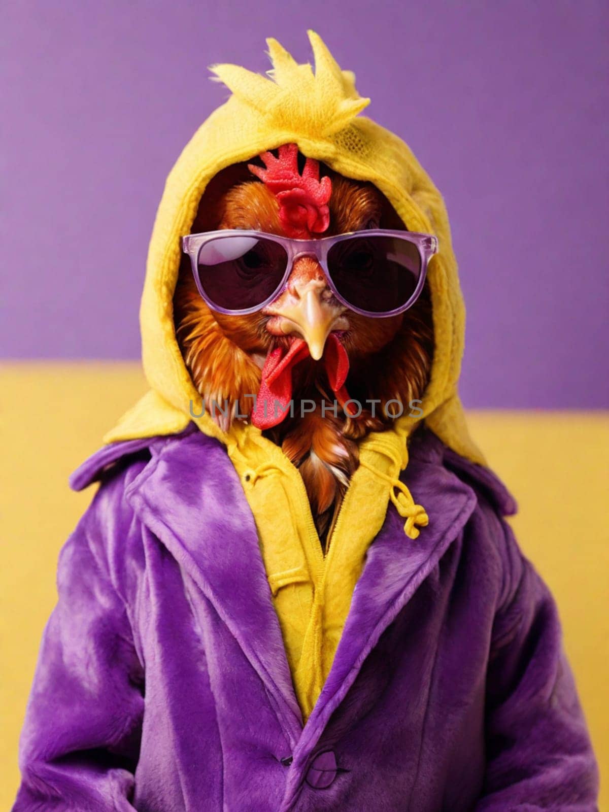 Fashionable rooster, hen in a yellow-violet jacket and sunglasses on a purple background.