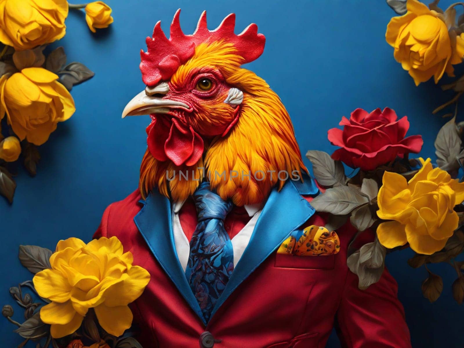 A funny rooster with blue feathers in a multi-colored jacket, on a blue background with flowers. design for printing t-shirts, mugs, covers, etc