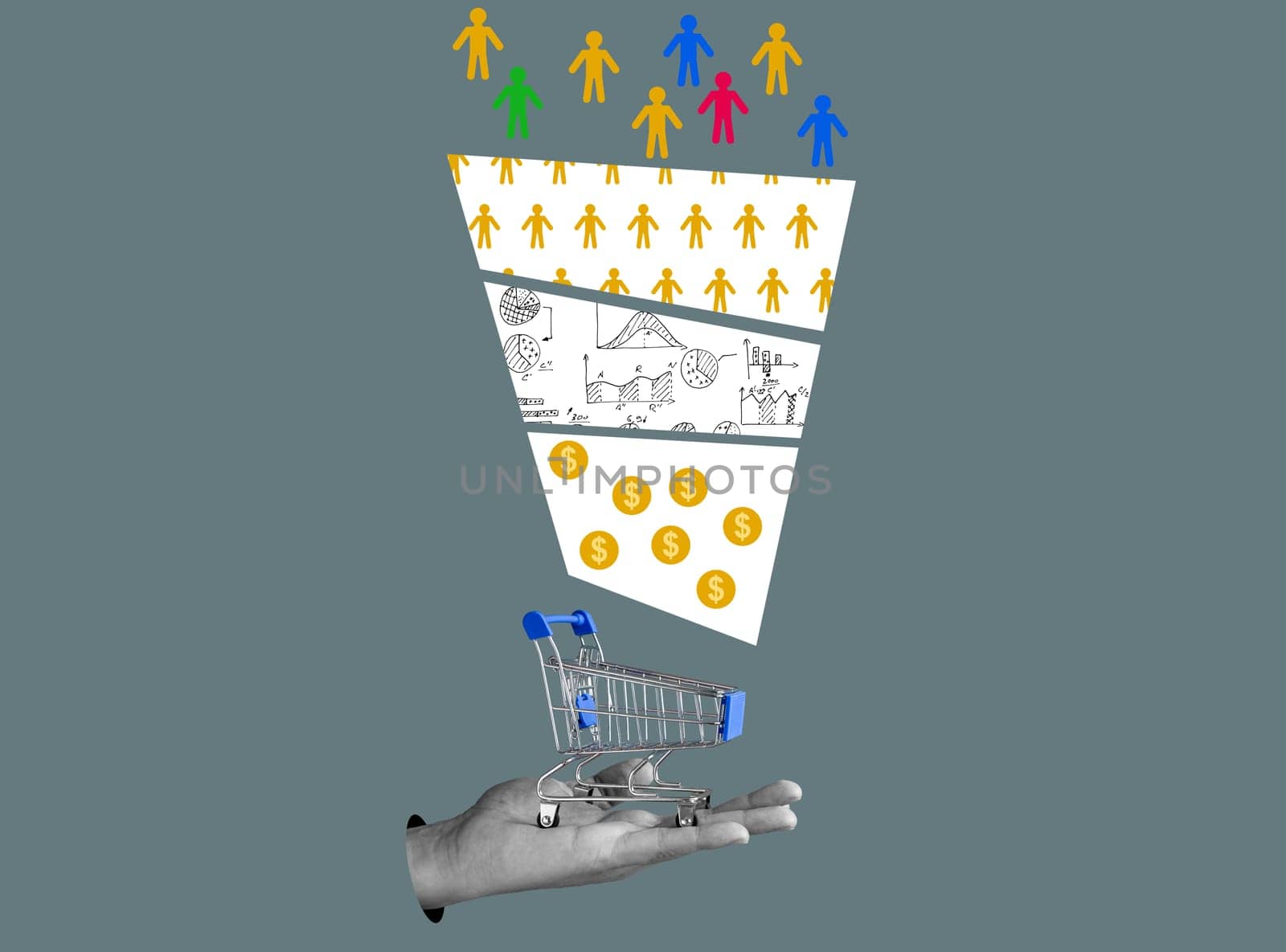 Collage with a marketing funnel and a hand holding a shopping cart. by designer491