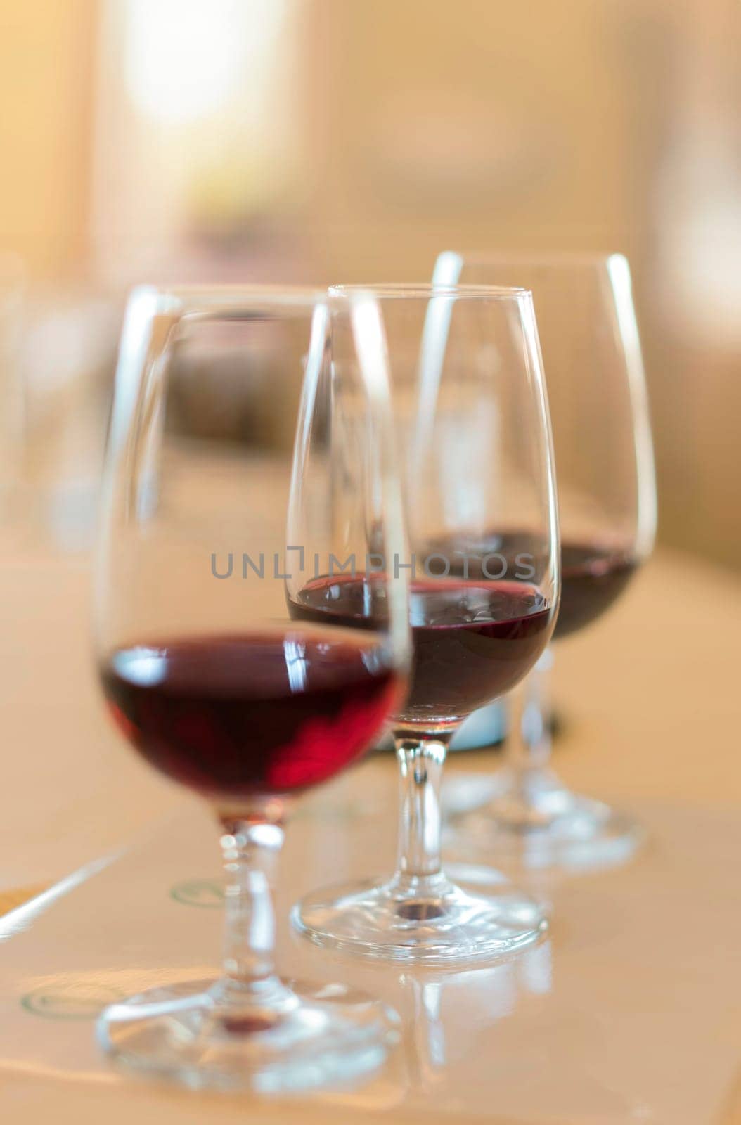 Oenology tasting glasses against a blurry background showcasing great red wine vintages with a delicate calyx capturing aromas while stems provide a graceful hold providing a refined wine experience.