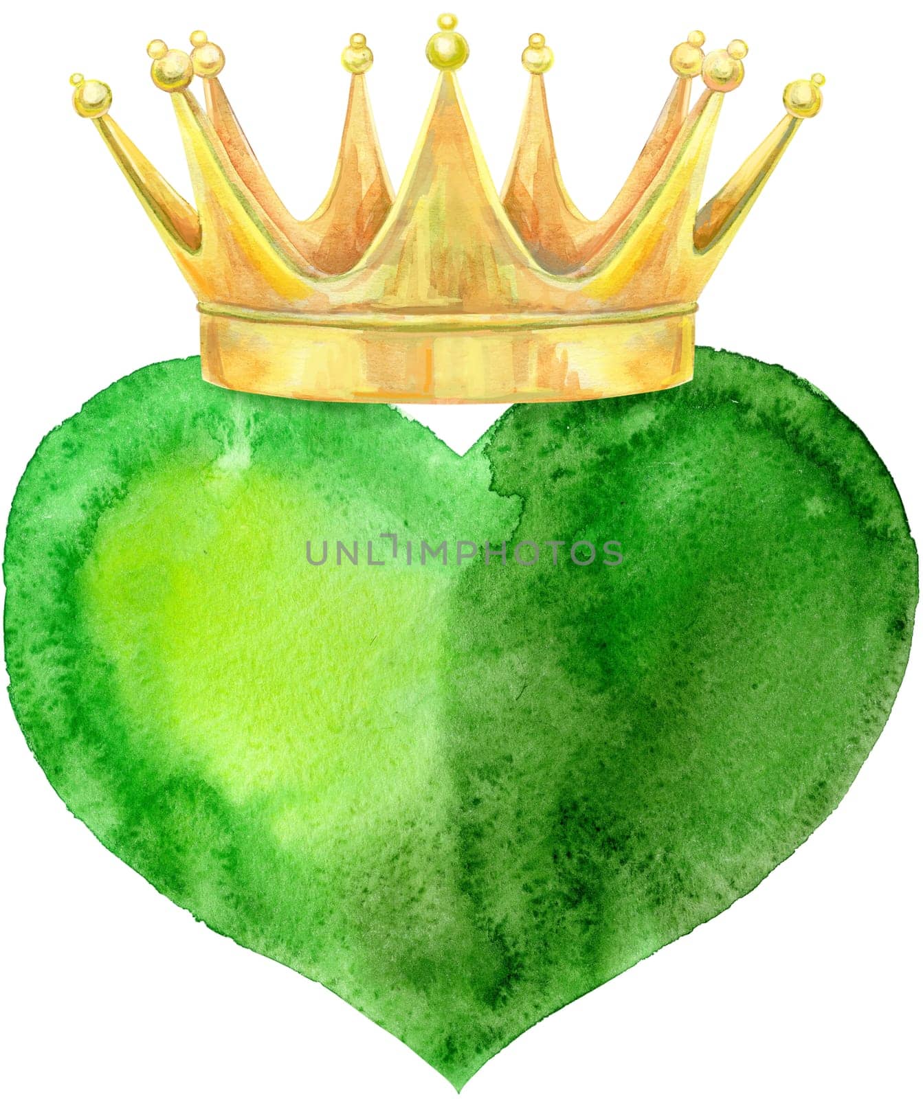 Watercolor green heart with golden crown by NataOmsk