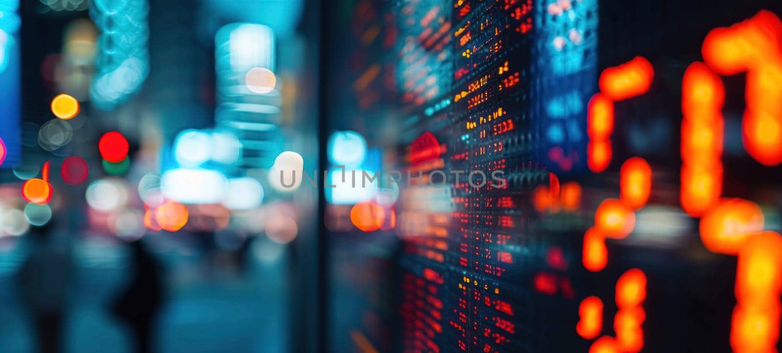 Abstract financial concept showing blurred stock market data on a digital display with city lights reflected in the background.