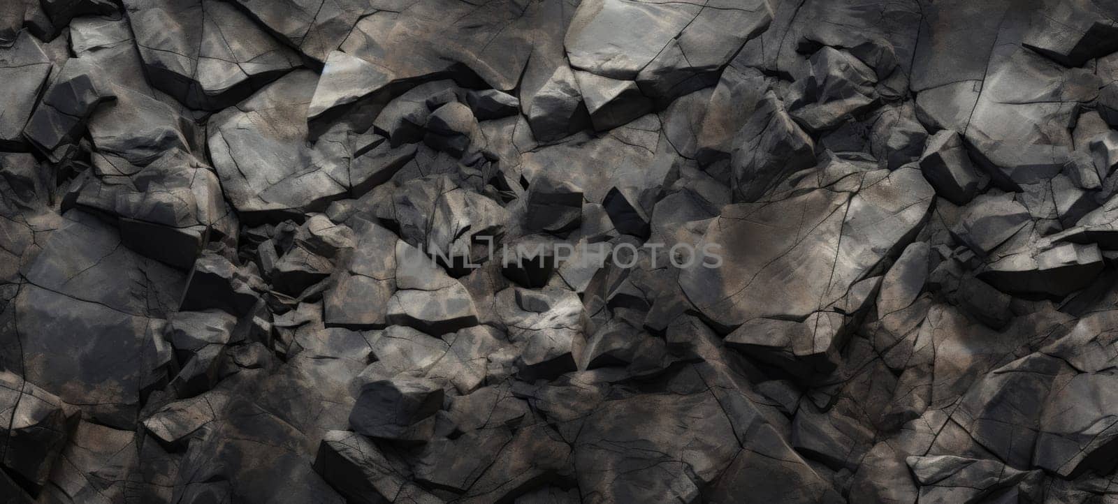 A detailed close-up shot of a dark rock surface showcasing various textures and shades.