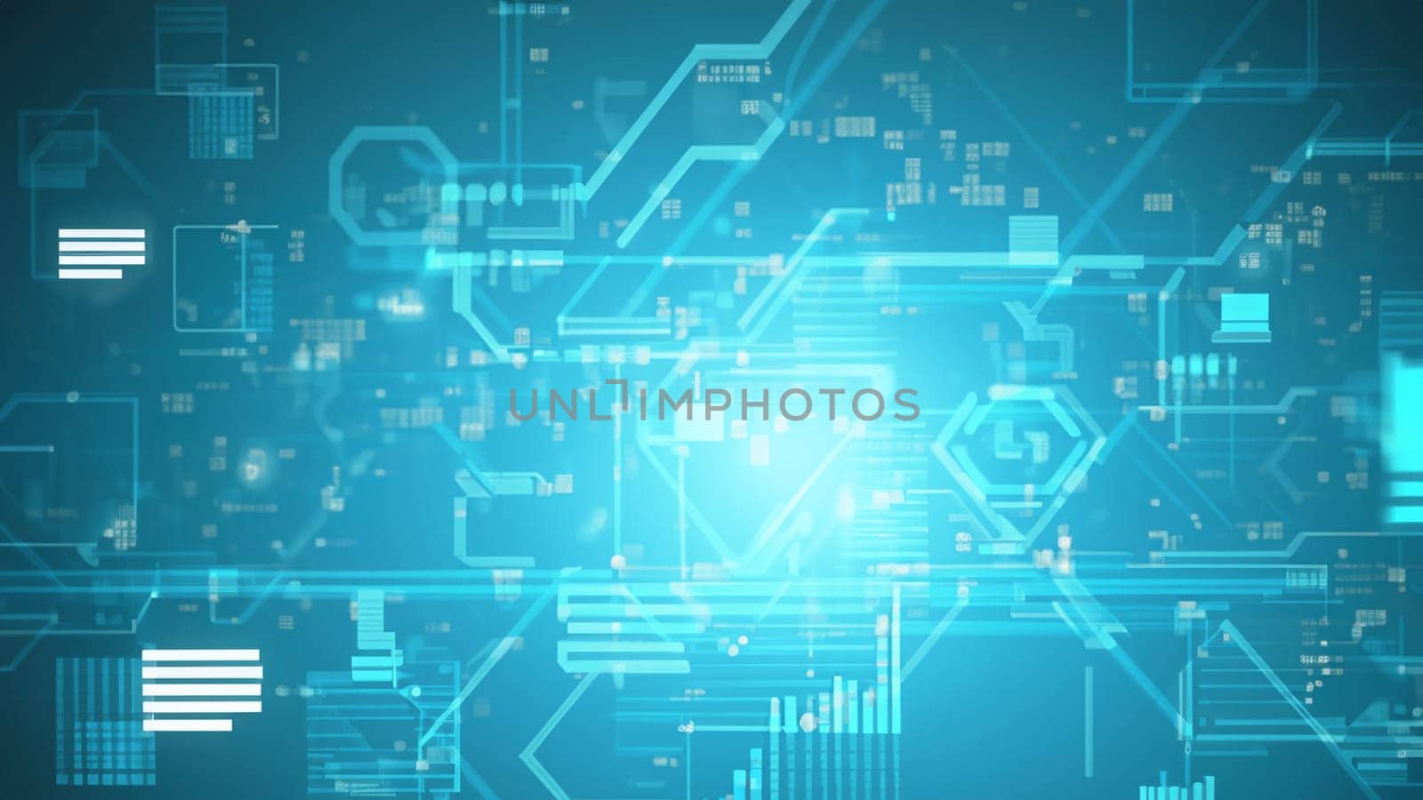 Digital composite of Futuristic interface against blue background with vignette, abstract background