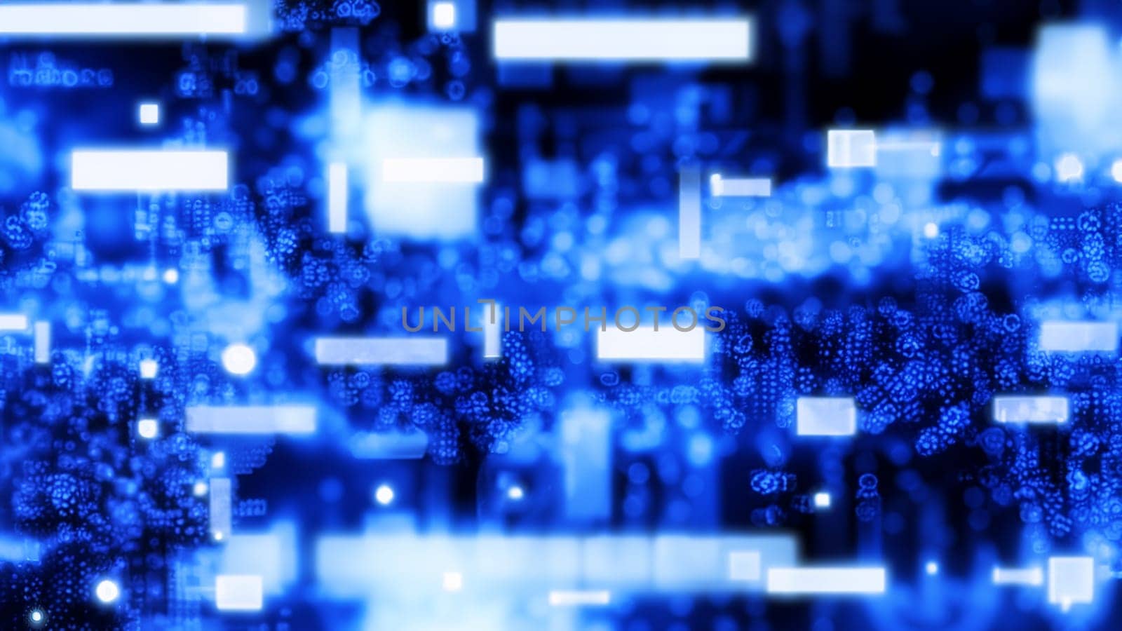 Abstract blue background with depth and blurred lights and flying digital elements in it, digital technology fintech