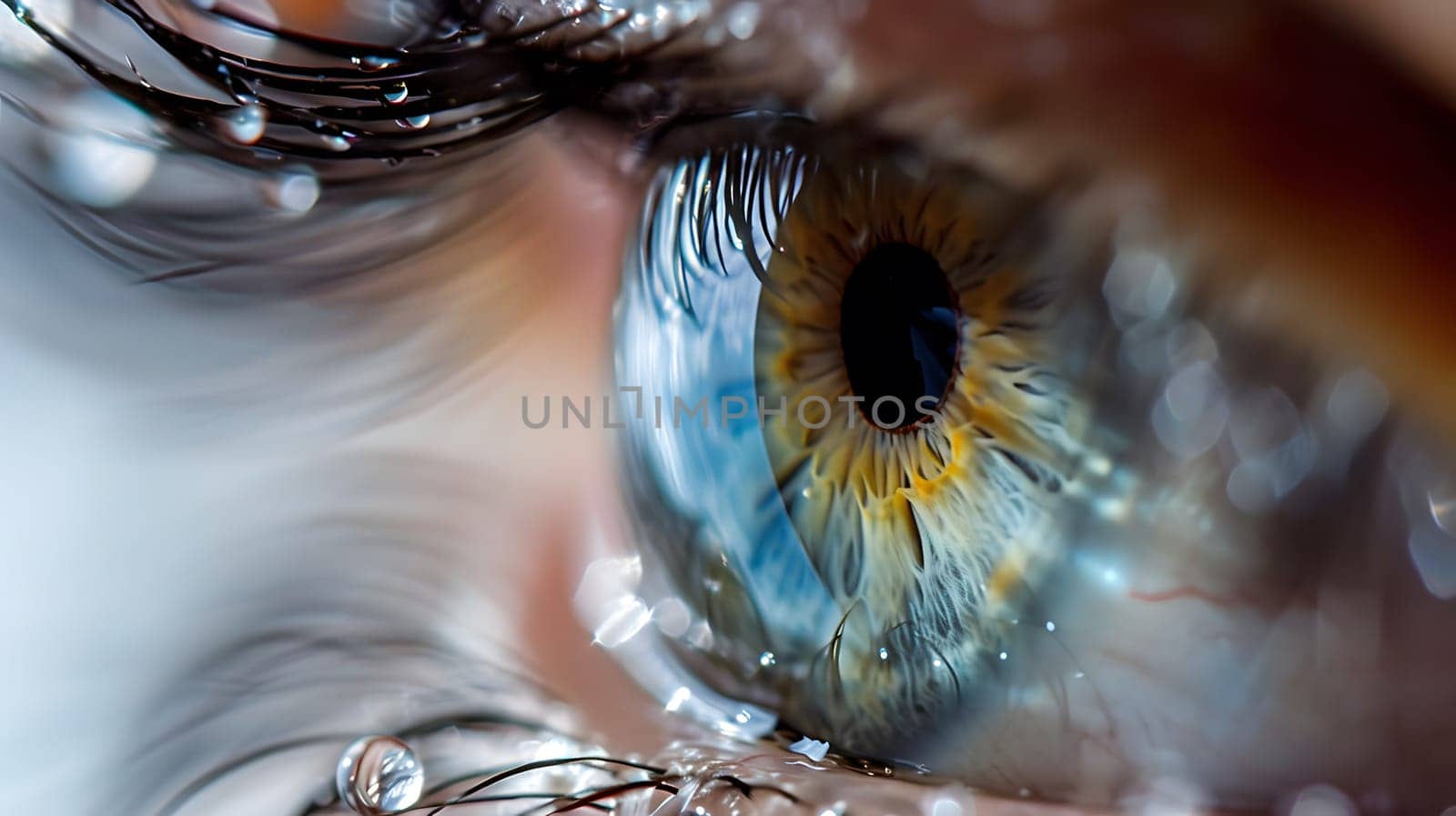 yellow and blue eye close up with drops on eyelashes, generative ai. High quality photo