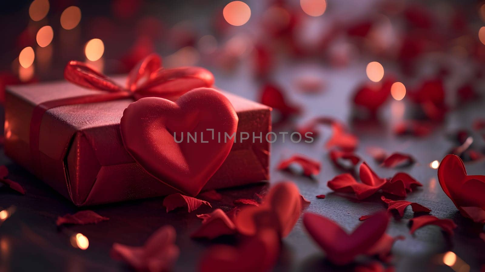 red wrapped gift box and paper heart, valentines present, generative ai. High quality photo