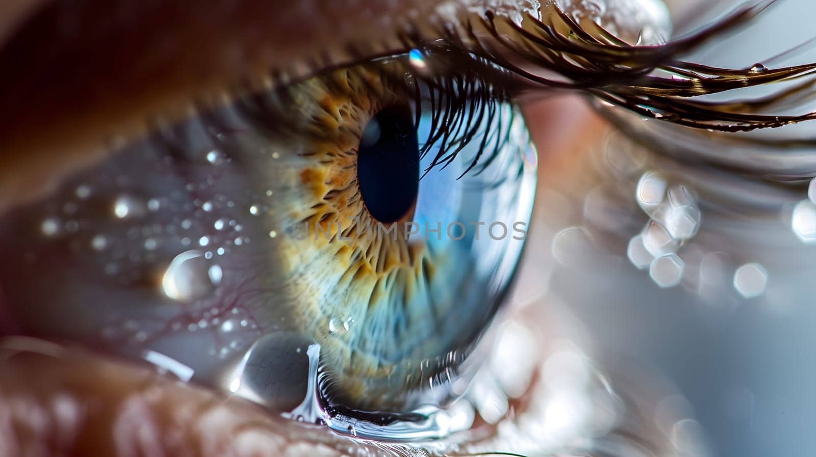 yellow and blue eye close up with drops on eyelashes, generative ai by Chechotkin