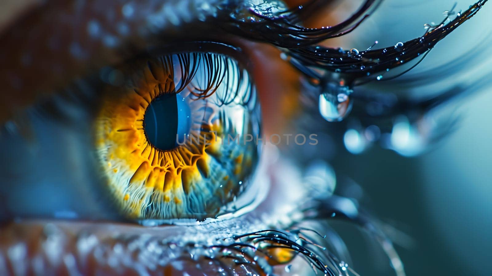yellow and blue eye close up with drops on eyelashes, generative ai. High quality photo