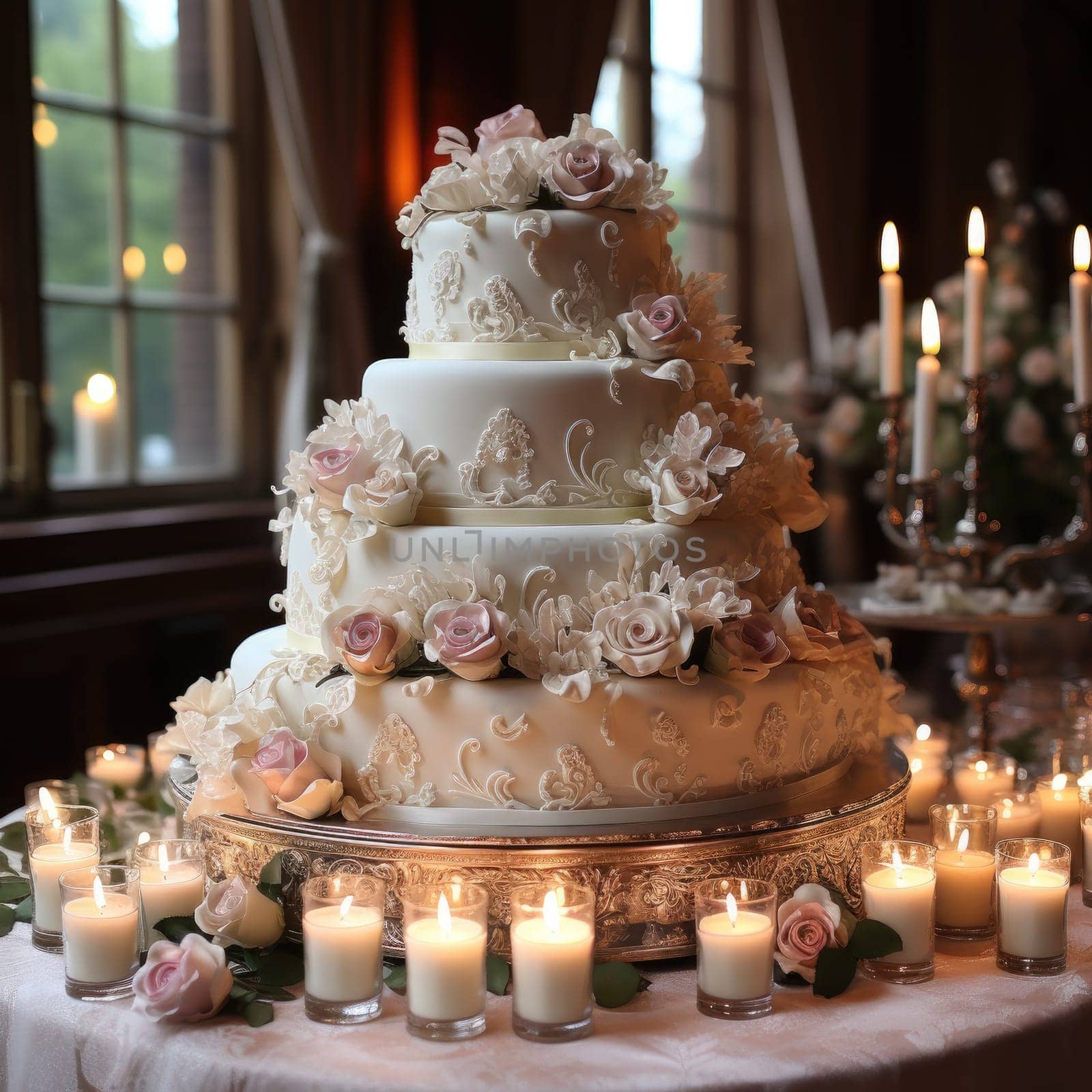 A large luxurious multi-tiered wedding cake is decorated with fresh pink rose flowers in the banquet hall. Wedding dessert under the evening light. Wedding decor by Benzoix