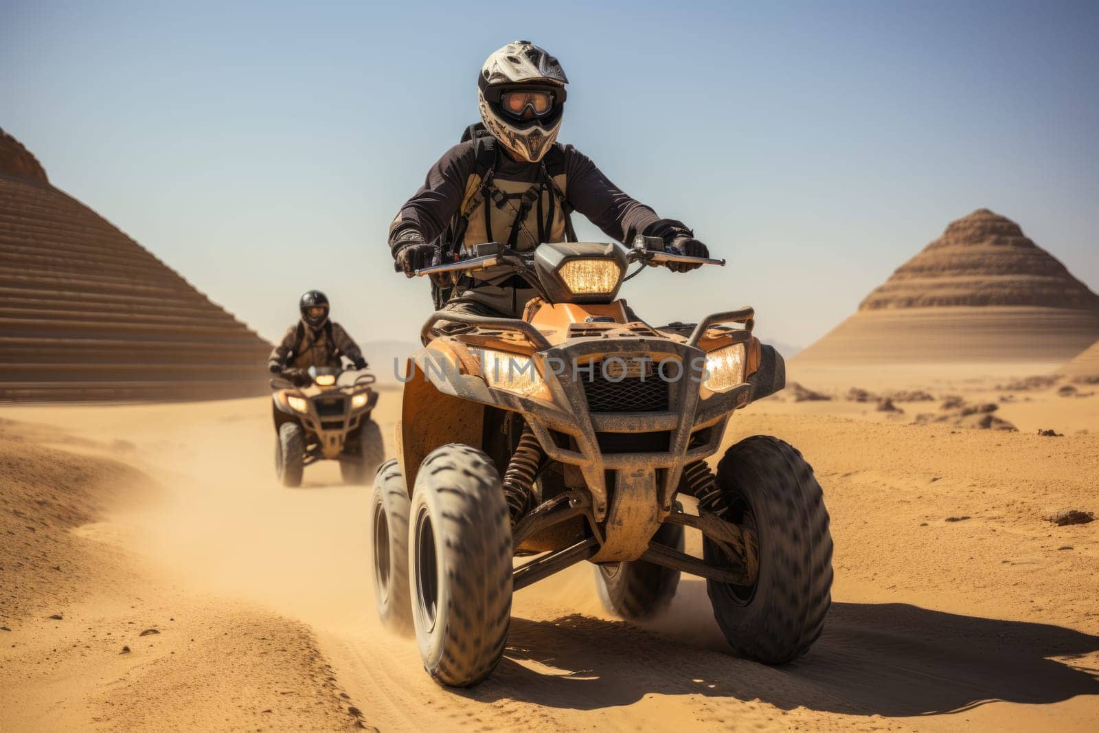 safari in sand desert. Quad bike on sand dune. ai generated by Desperada