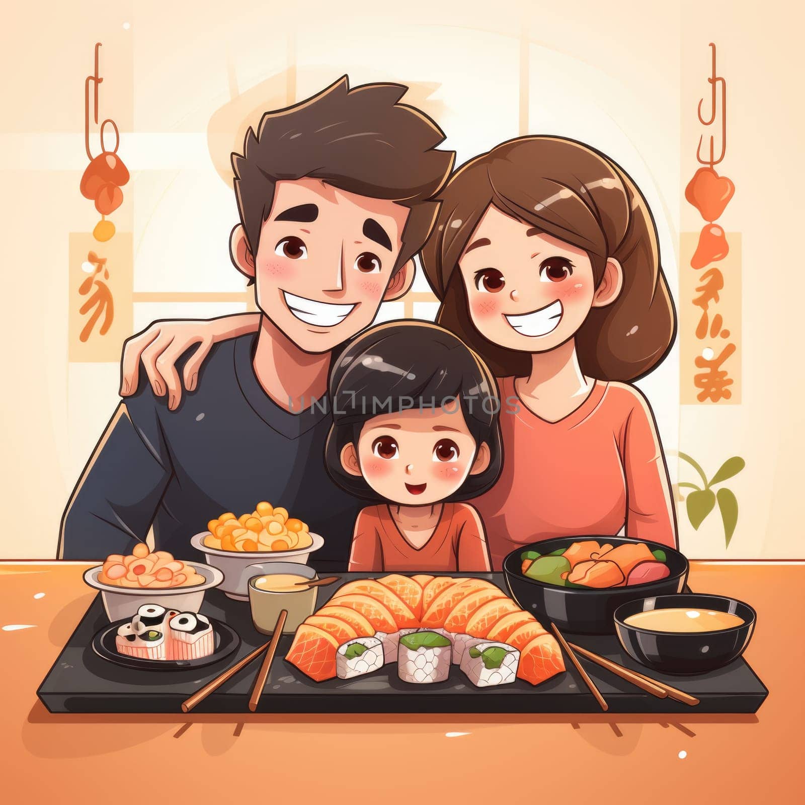 family dinner, holding the chopsticks on sushi set. ai generated by Desperada