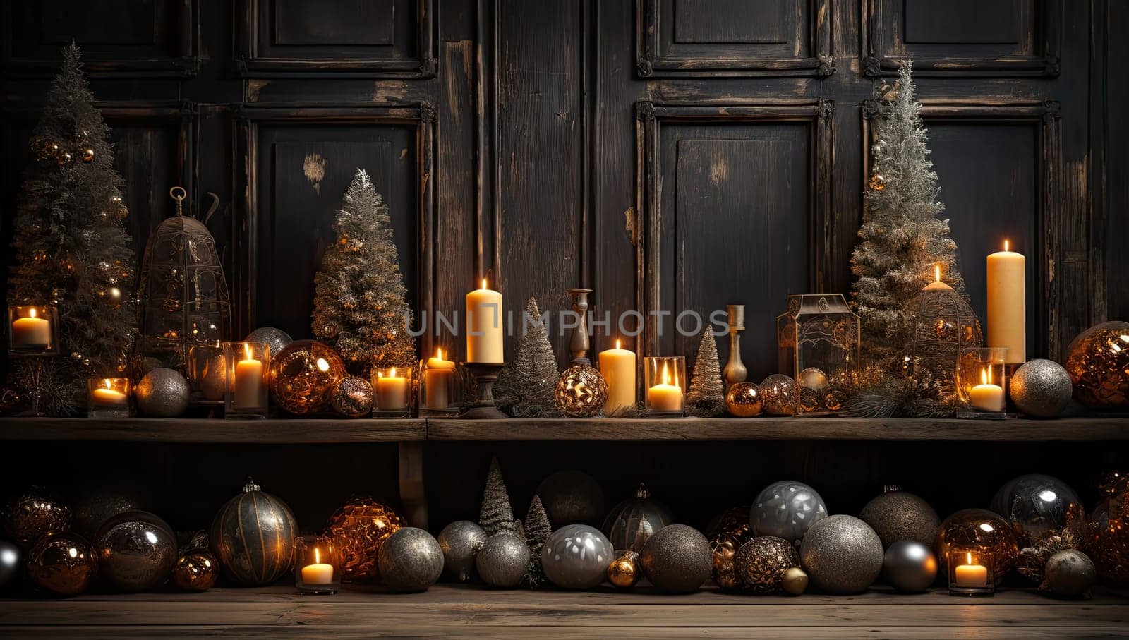 Empty table in front of christmas tree with decorations background. For product display montage by Benzoix