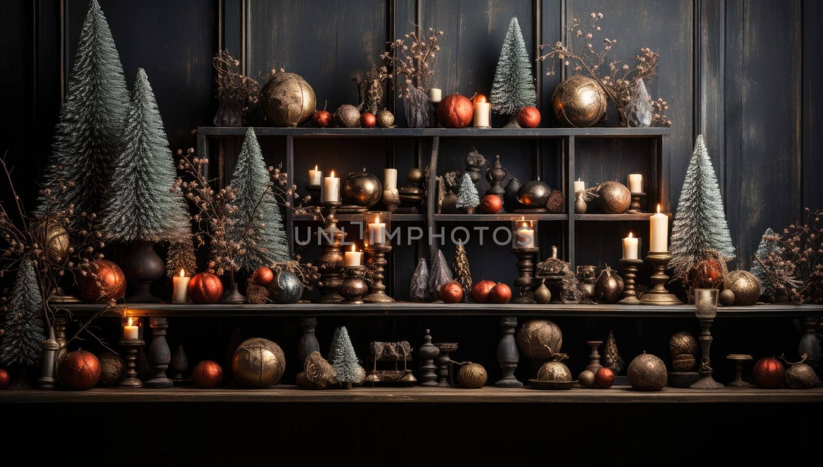 Empty table in front of christmas tree with decorations background. For product display montage by Benzoix