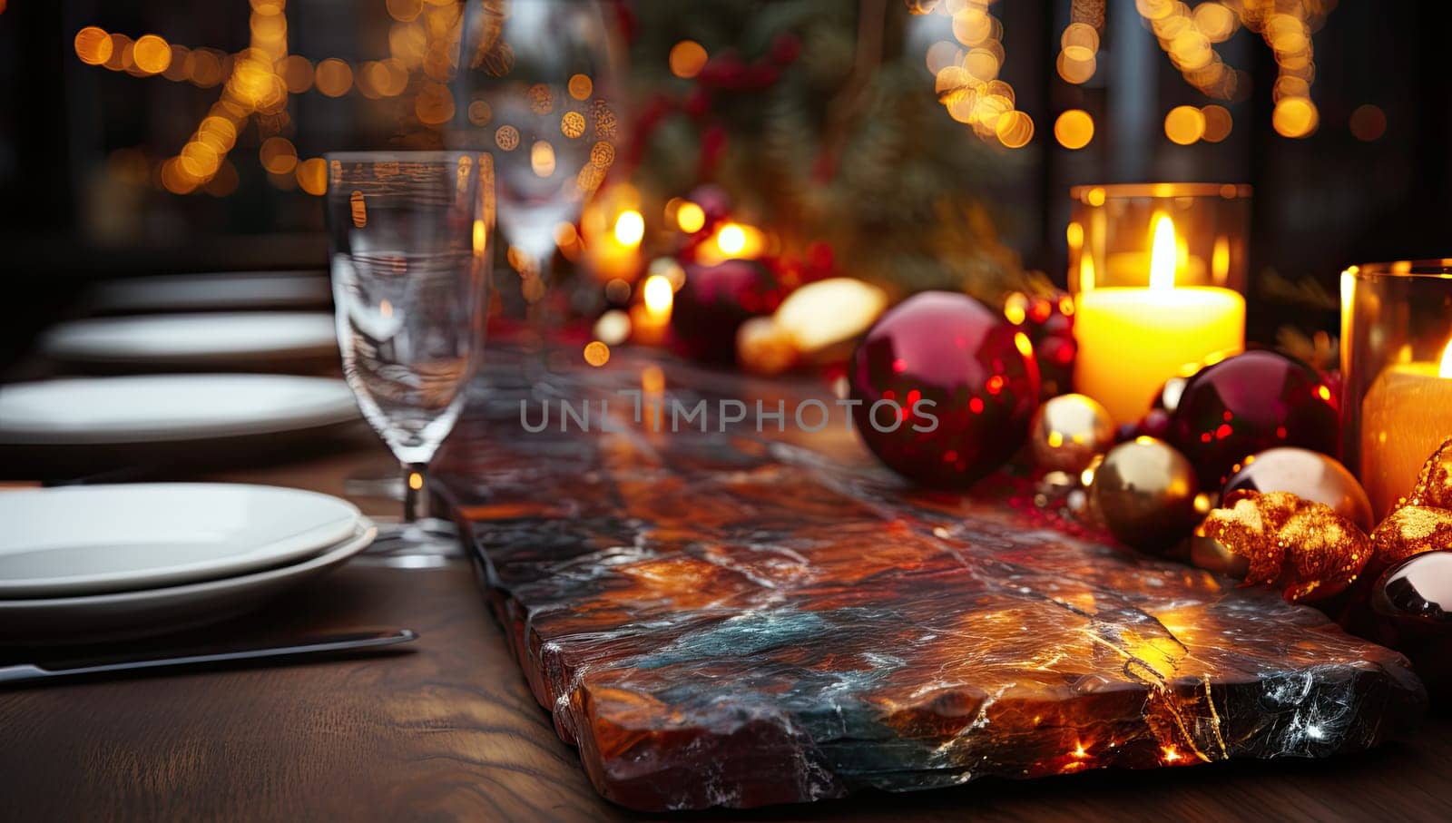 Empty table in front of christmas tree with decorations background. For product display montage.