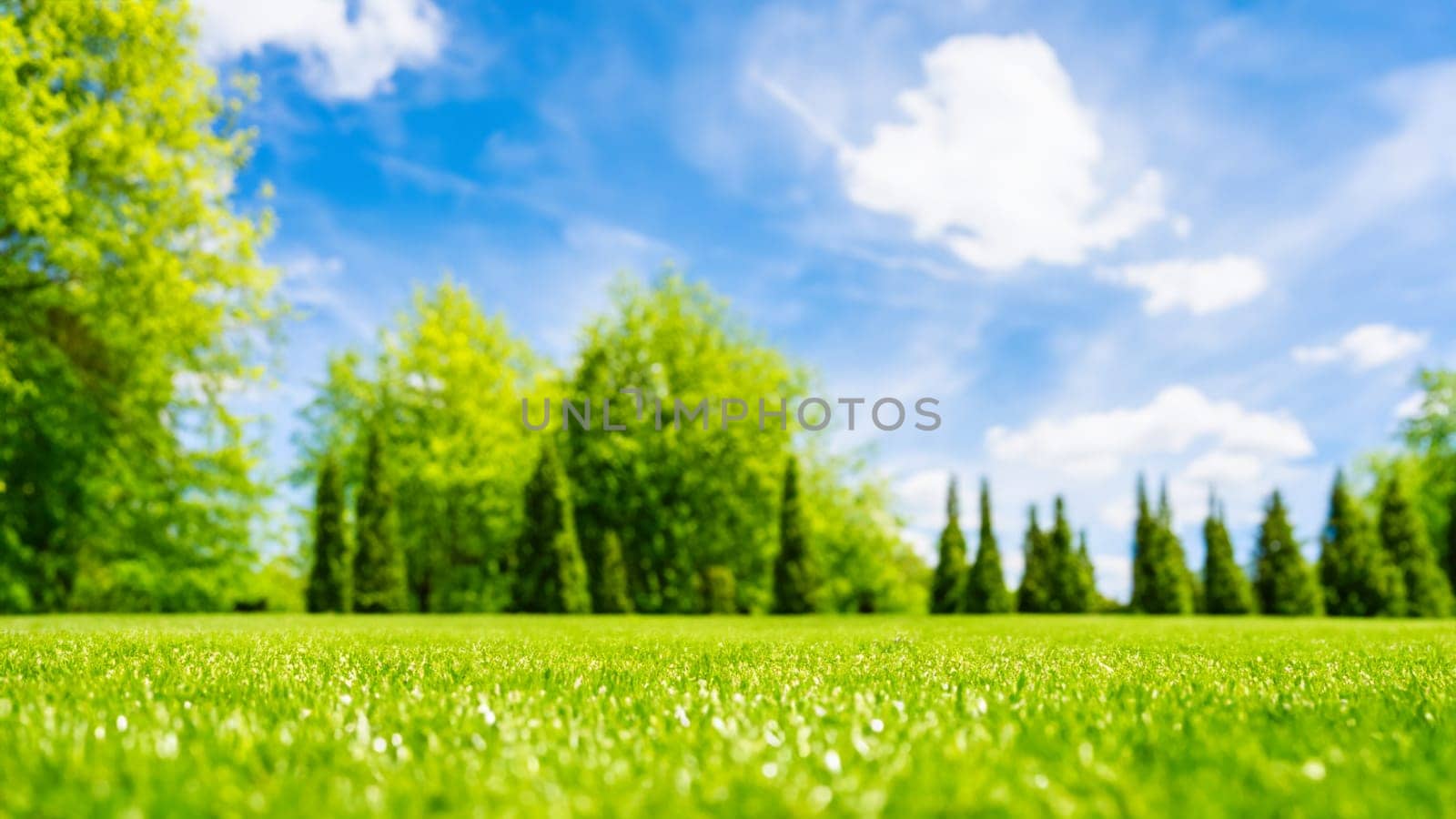 Green grass and blue sky with white clouds. Natural background with copy space. by DesignMarjolein