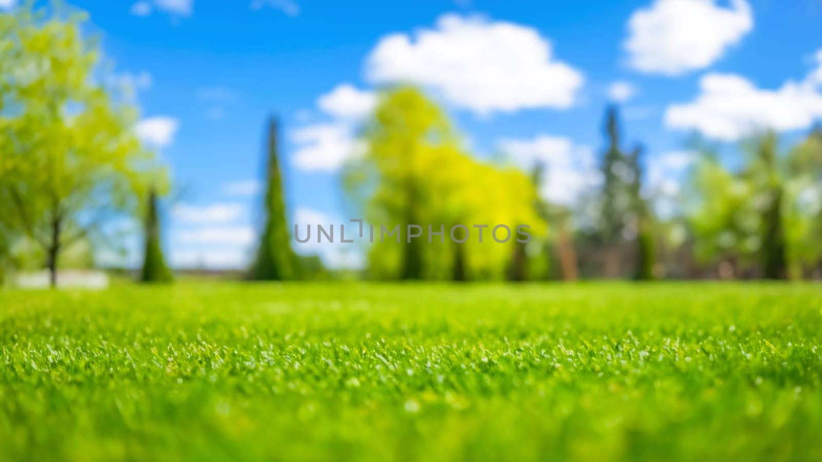 Green grass with blue sky and white clouds in the background, selective focus by DesignMarjolein