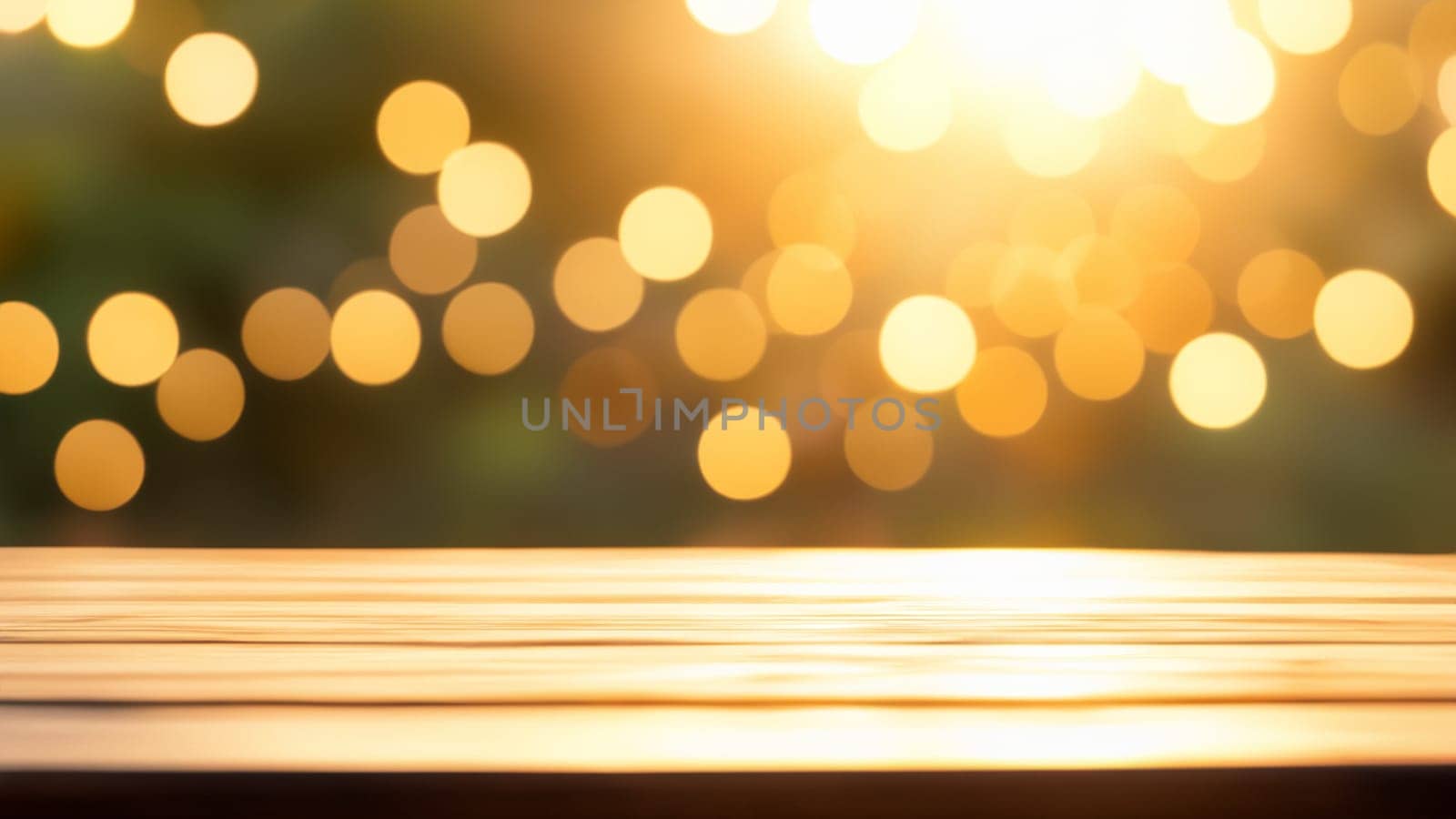 Empty picknick table top with lights bokeh on blur sunny outside location in golden hour by DesignMarjolein