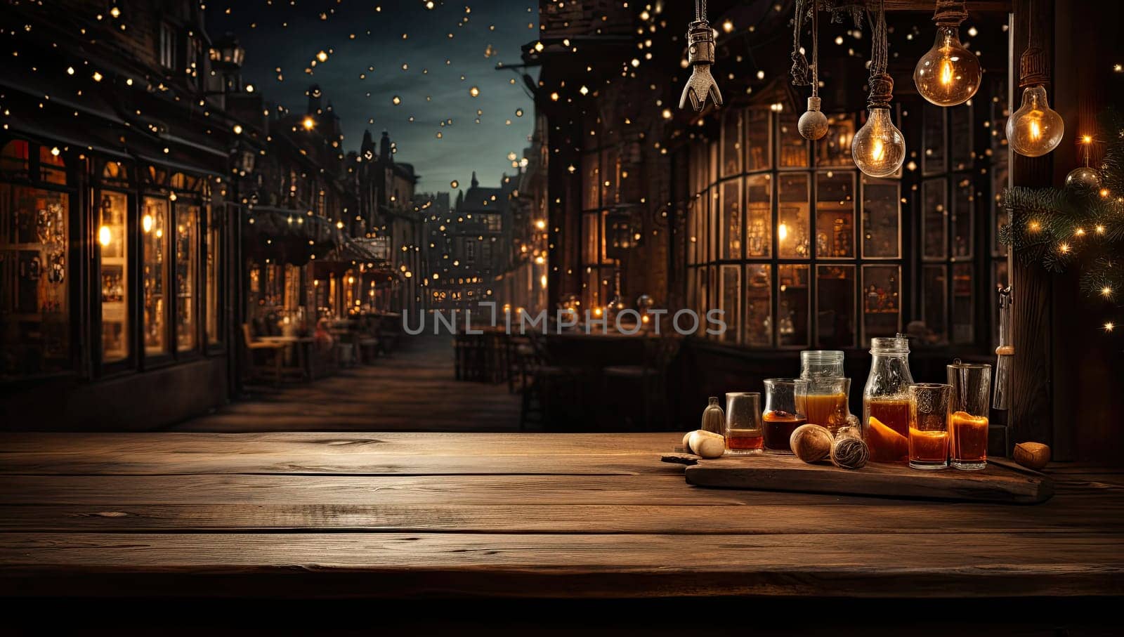 Empty table in front of christmas tree with decorations background. For product display montage by Benzoix