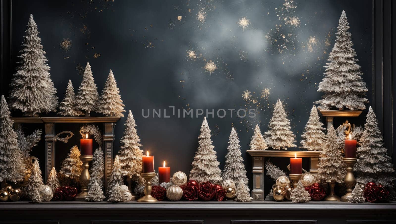 Empty table in front of christmas tree with decorations background. For product display montage.