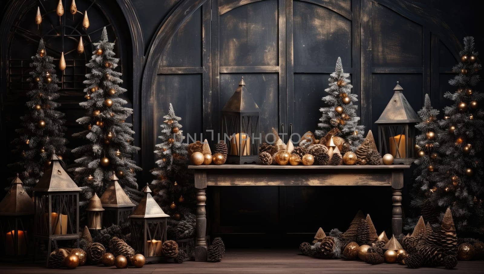 Empty table in front of christmas tree with decorations background. For product display montage by Benzoix