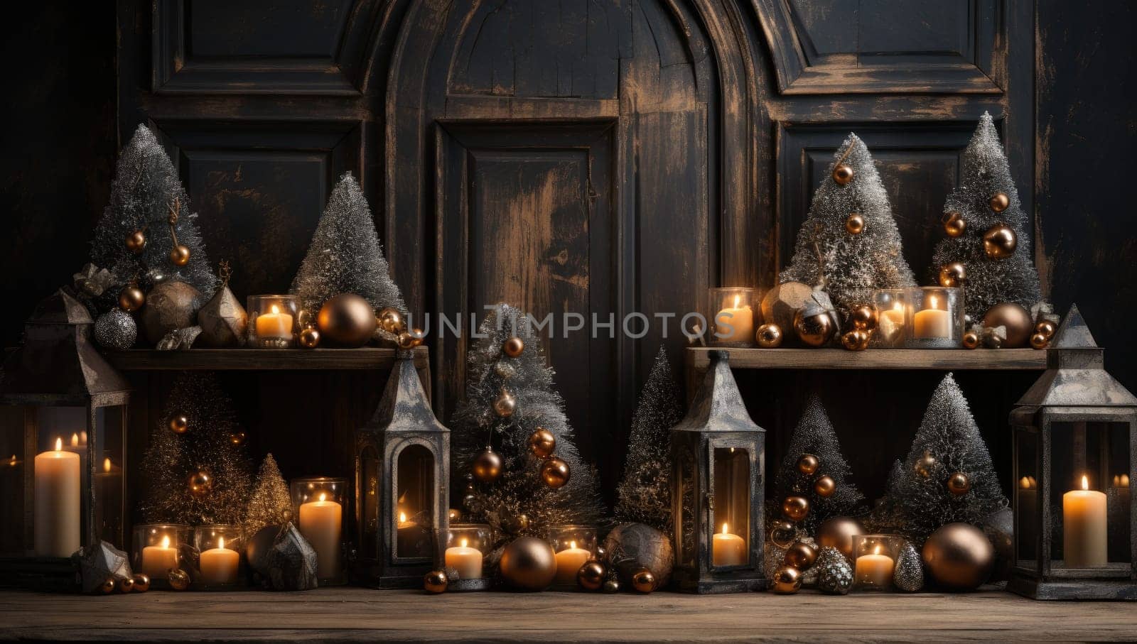 Empty table in front of christmas tree with decorations background. For product display montage by Benzoix