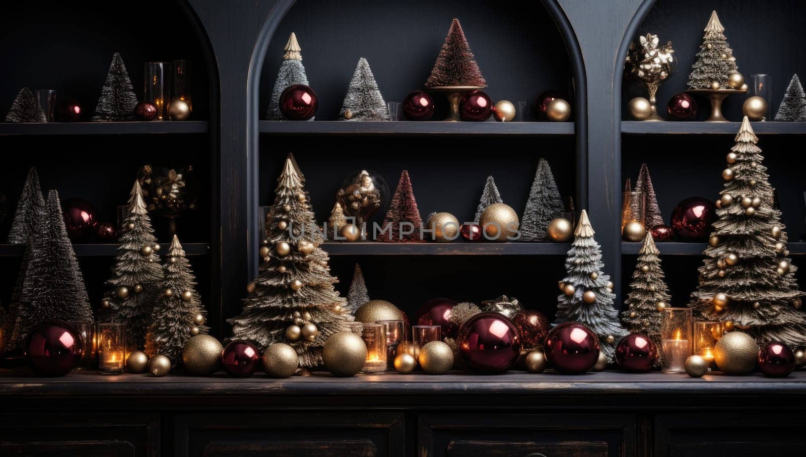 Empty table in front of christmas tree with decorations background. For product display montage.