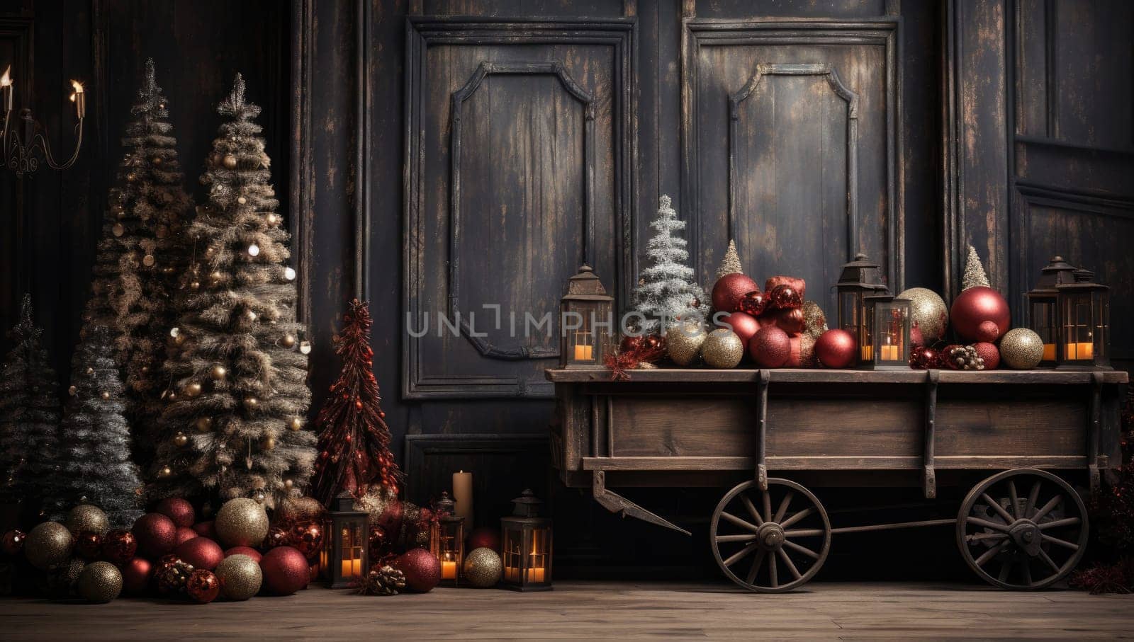 Empty table in front of christmas tree with decorations background. For product display montage.