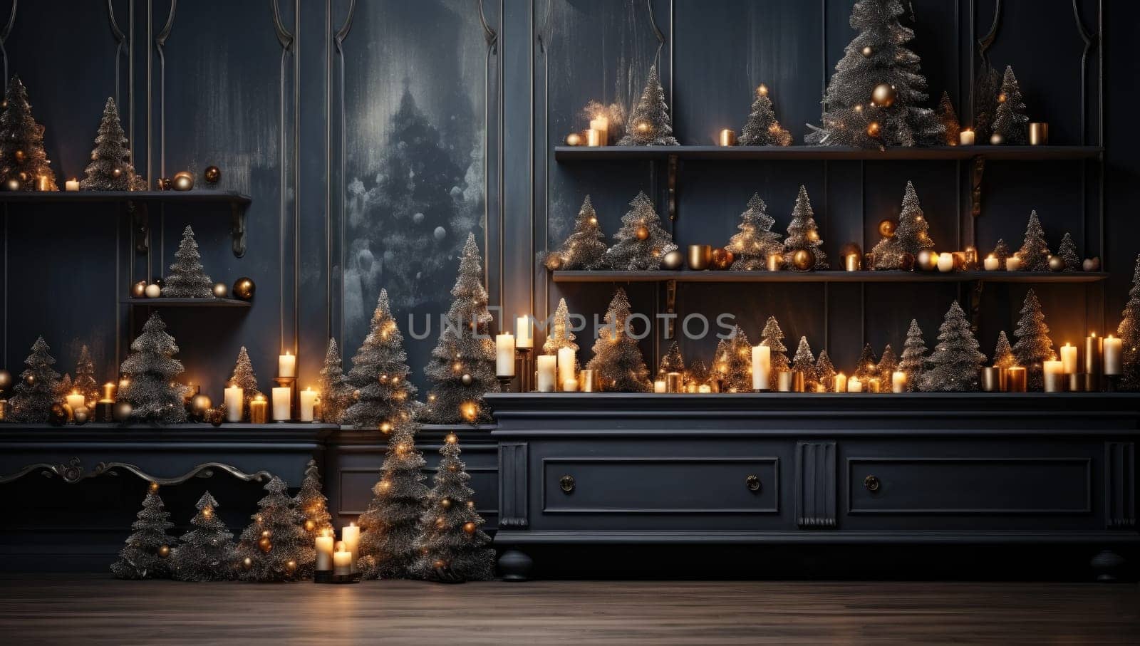 Empty table in front of christmas tree with decorations background. For product display montage by Benzoix