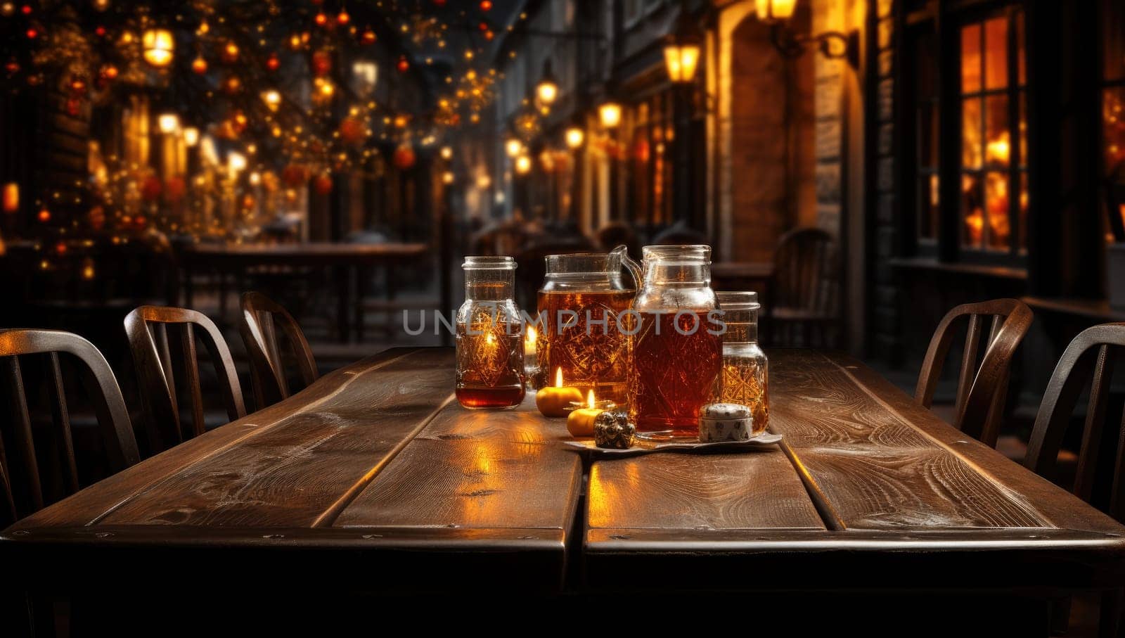 Empty table in front of christmas tree with decorations background. For product display montage.