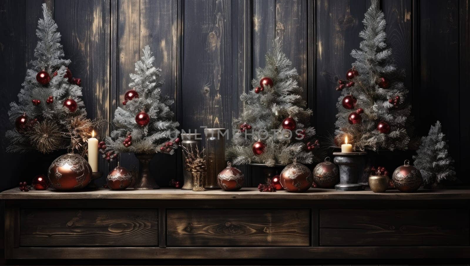 Empty table in front of christmas tree with decorations background. For product display montage.