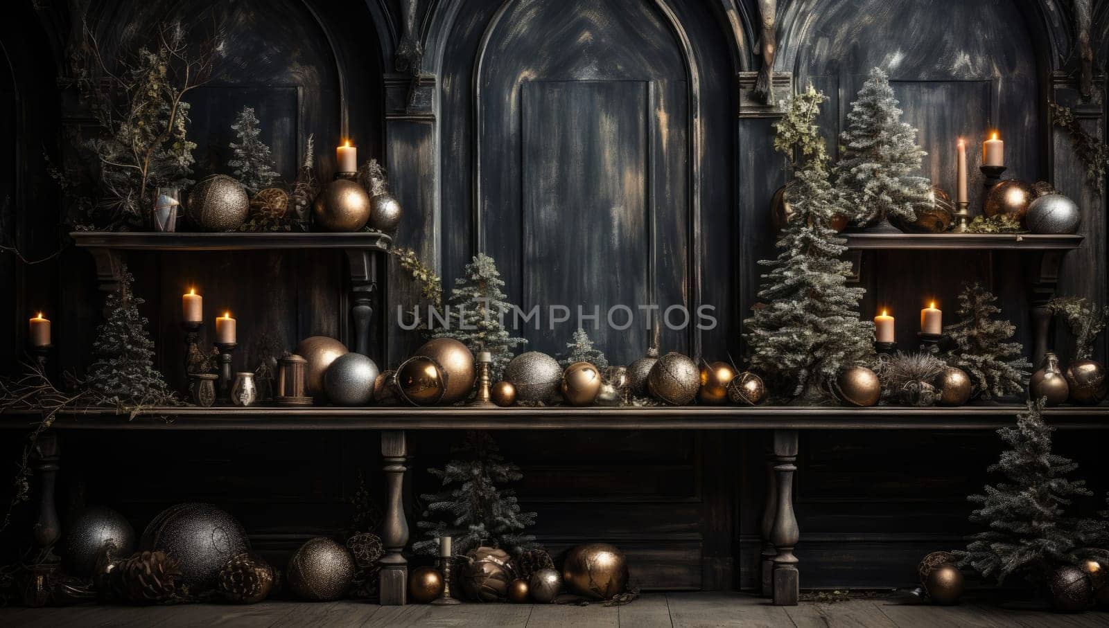 Empty table in front of christmas tree with decorations background. For product display montage by Benzoix