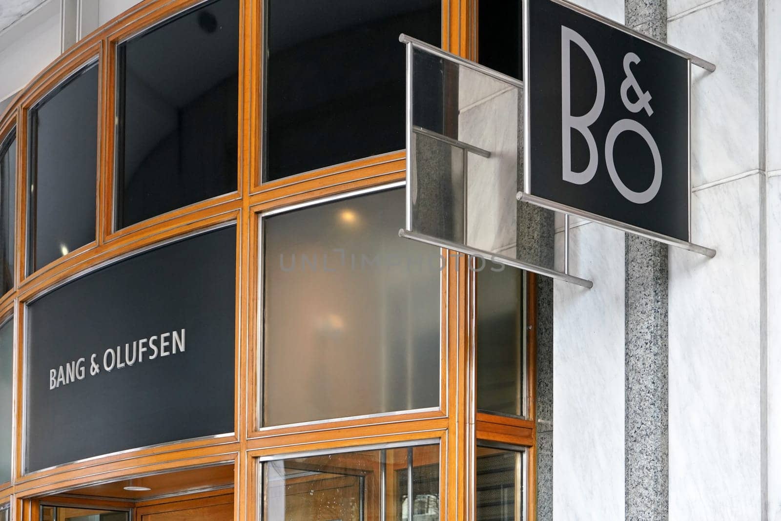 London, United Kingdom - February 03, 2019: BO logo signage on Bang & Olufsen branch at Canary Wharf. B&O is Danish high end audio manufacturer founded in 1925 by Ivanko