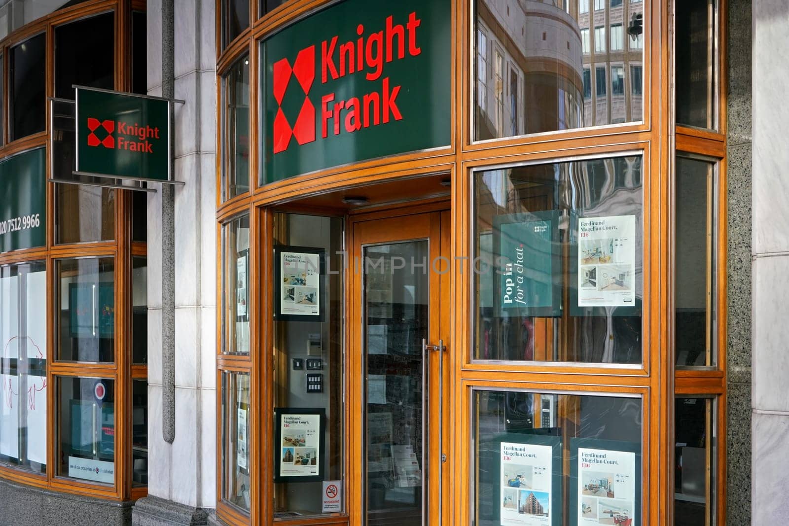 London, United Kingdom - February 03, 2019: Knight Frank branch at Canary Wharf. It is well known UK estate agency  and commercial property consultants with 370 offices in 55 countries by Ivanko