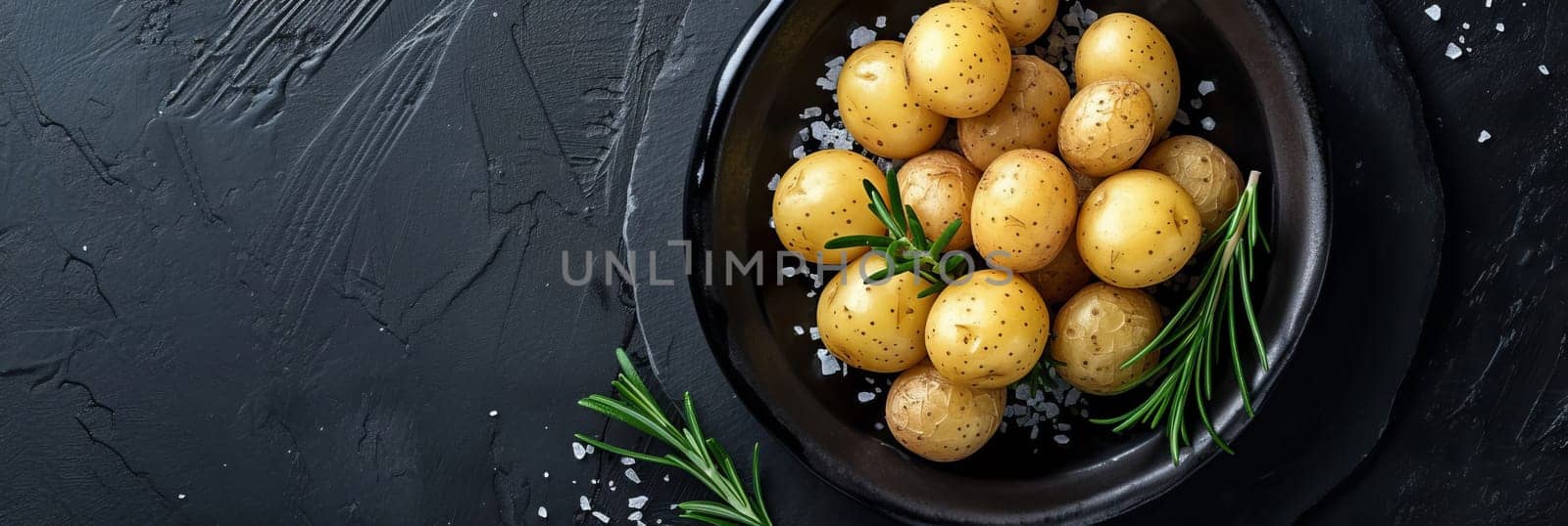 Boiled baby potatoes with rosemary and sea salt on a black plate. AI generated. by OlgaGubskaya