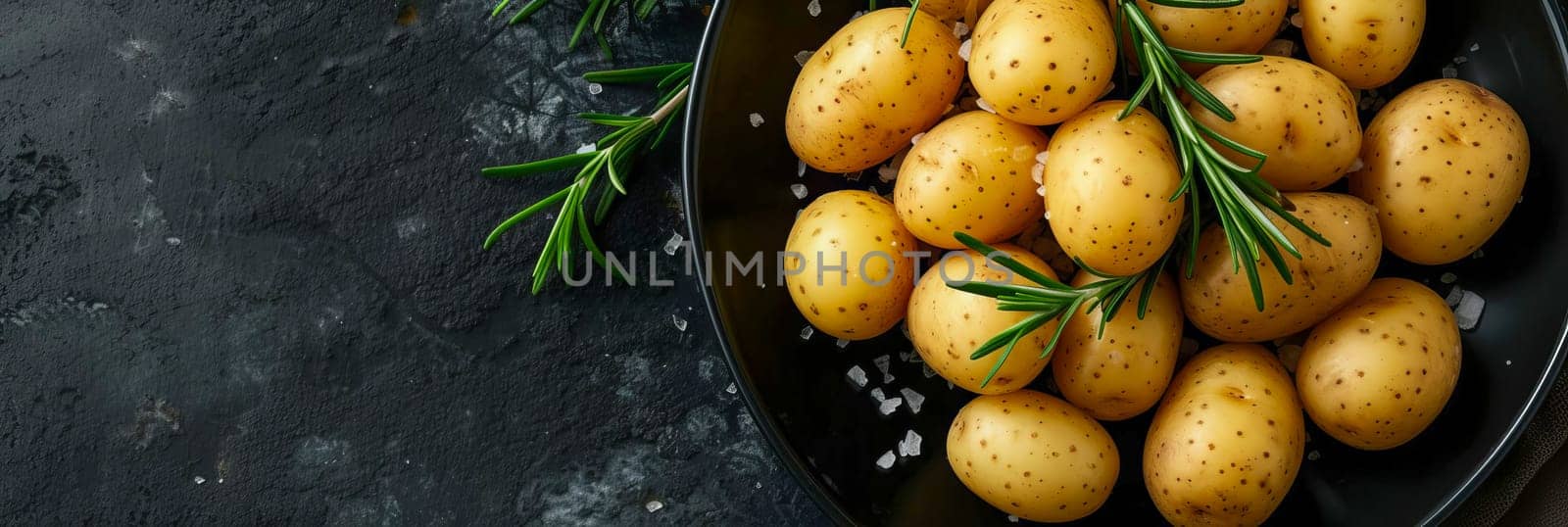 Boiled baby potatoes with rosemary and sea salt on a black plate. AI generated. by OlgaGubskaya