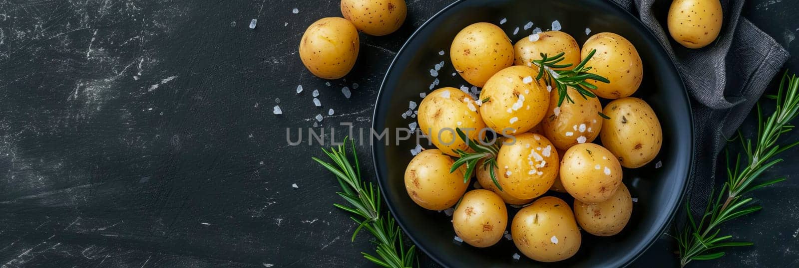 Banner. Boiled baby potatoes with rosemary and sea salt on a black plate, black concrete background. Healthy diet. Vegetarianism. AI generated.