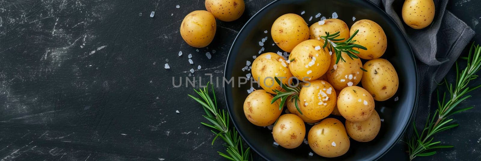 Boiled baby potatoes with rosemary and sea salt on a black plate. AI generated. by OlgaGubskaya