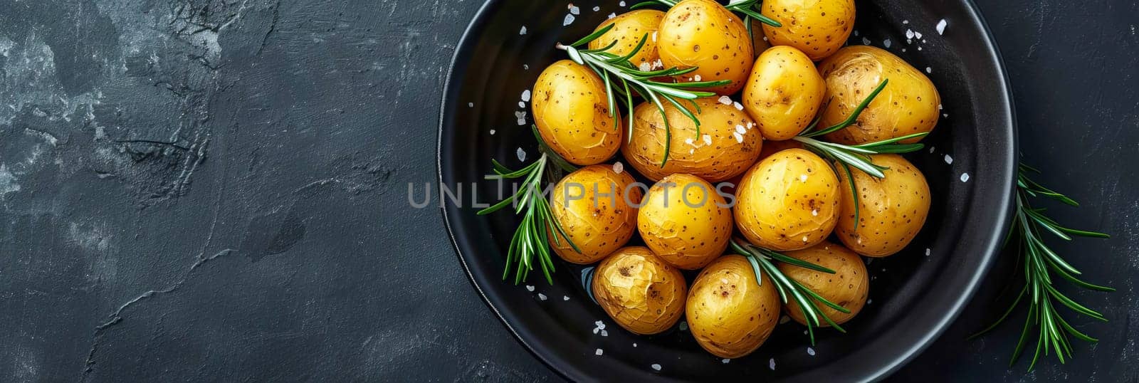 Boiled baby potatoes with rosemary and sea salt on a black plate. AI generated. by OlgaGubskaya