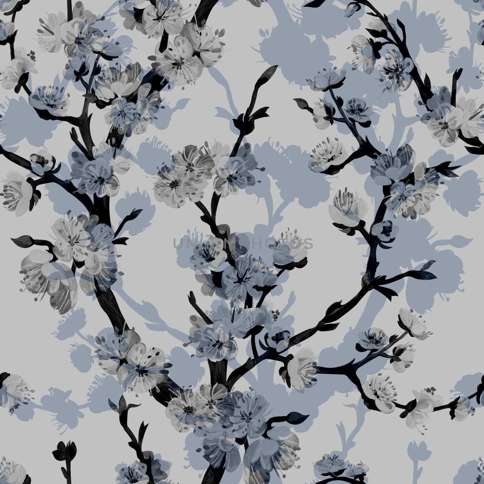 Botanical black and white seamless pattern with sakura cherry branch drawn by MarinaVoyush